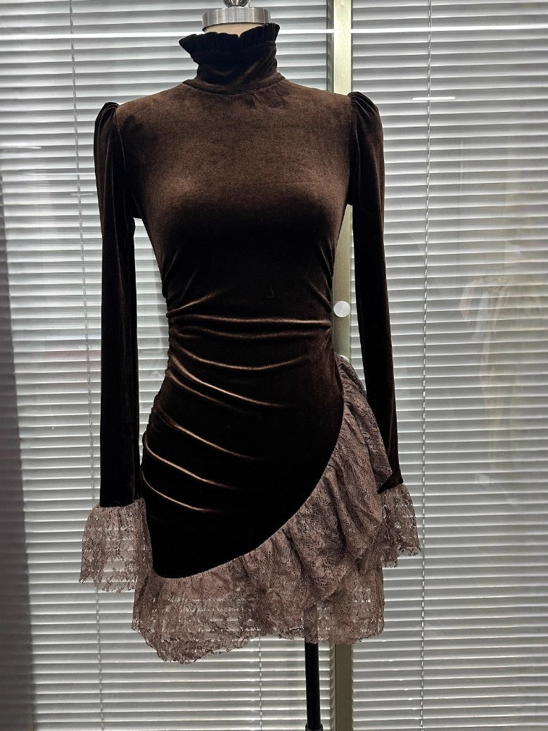 Lace-trimmed Velvet Long-sleeved Stand-collar Short Dress