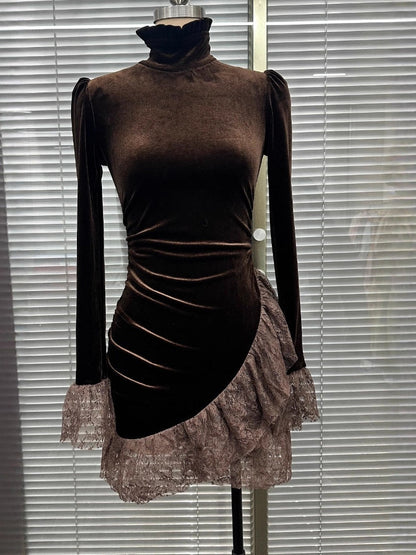 Lace-trimmed Velvet Long-sleeved Stand-collar Short Dress