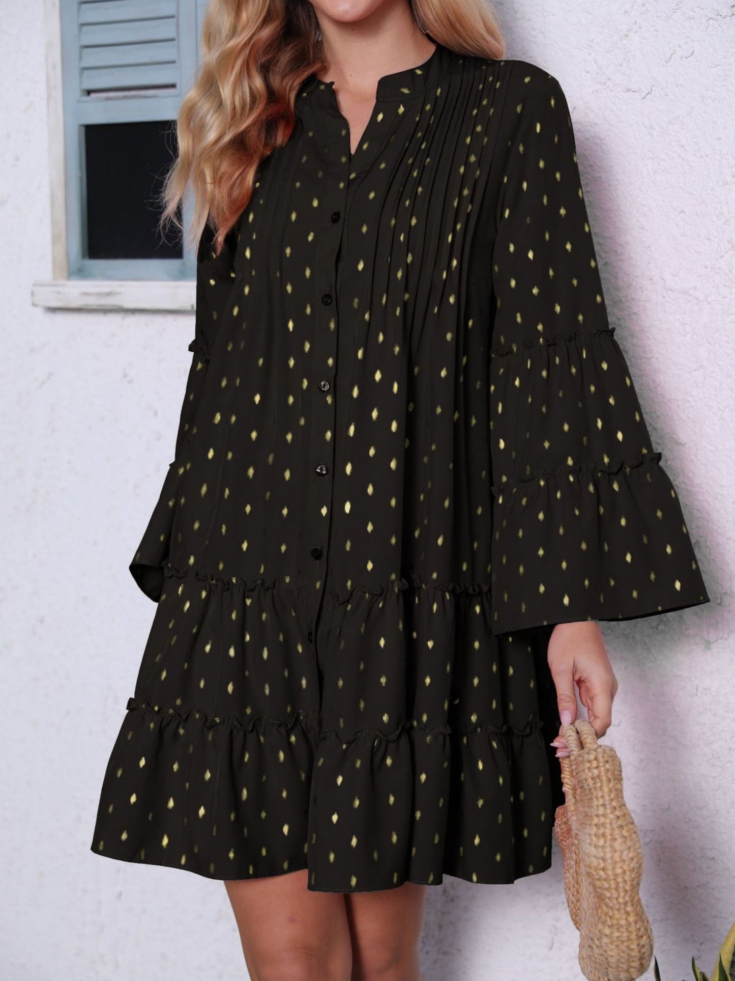 Hot Stamping Crimp  Flare Sleeve Buttons Mini&Short Dresses
