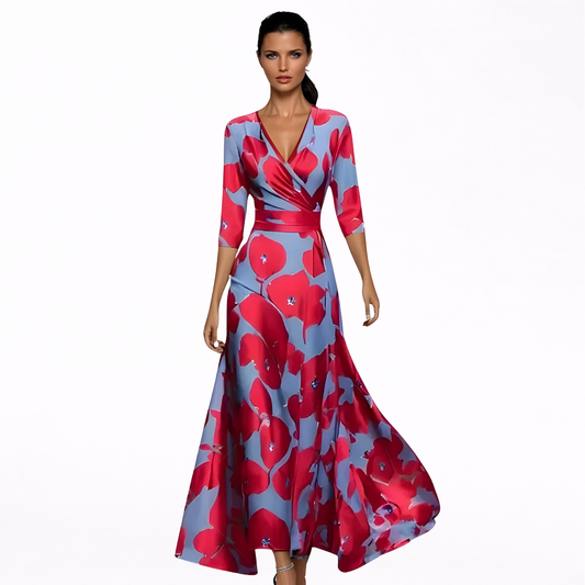 Women’s V-Neck Longsleeve Floral Maxi Dress - Wrapped Elegant Style