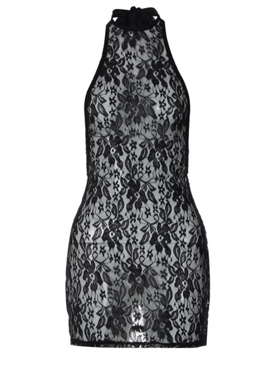 Black Lace Halter-neck Mini Dress With Exposed Hips