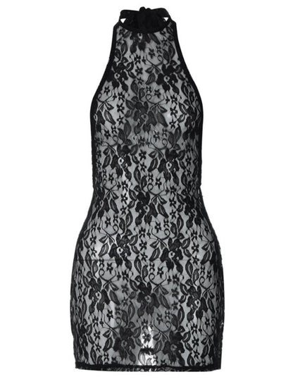 Black Lace Halter-neck Mini Dress With Exposed Hips
