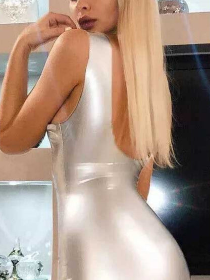 Metallic Gloss Spaghetti Strap Bodycon Mini&Short Dresses