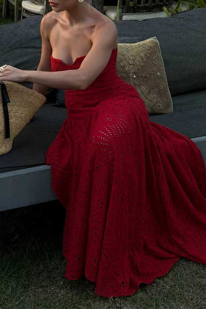 Strapless Hollow Out Lace Irregular Hem Maxi Dress