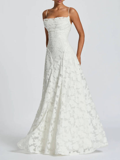 Spaghetti Strap Square Neck 3D Floral Applique A-Line Maxi Dress