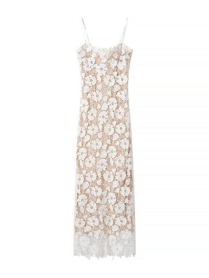 Lace See-through Strappy Slit Maxi Dresses