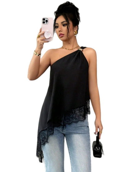 Irregular Hem Lace Stitching Sloping Shoulders Metal Tank Tops&Camis