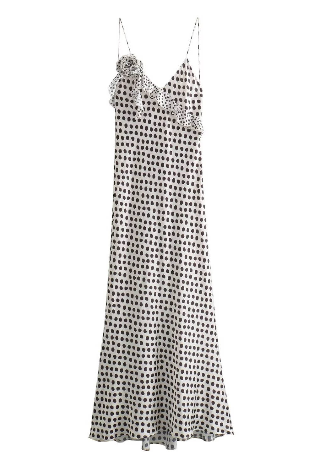 Polka Dot Print Deep V-Neck Asymmetric Ruffle Spaghetti Strap Bodycon Maxi Dress