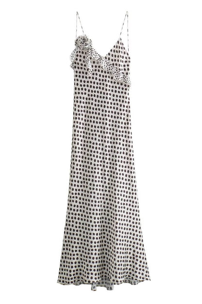 Polka Dot Print Deep V-Neck Asymmetric Ruffle Spaghetti Strap Bodycon Maxi Dress