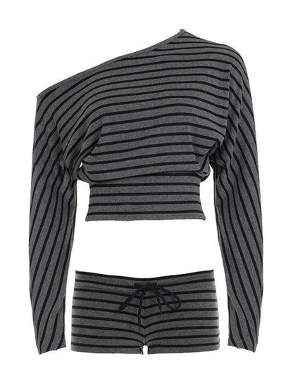 Striped Color Blocking Off-shoulder Long-sleeved T-shirt Slim-fit Shorts 2-piece Sets
