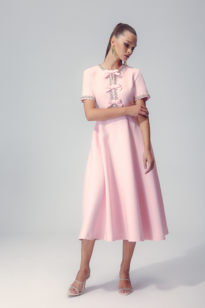 Rhinestone Trim Round Neck Bow Embellished Crystal Cuff A-Line Midi Dress
