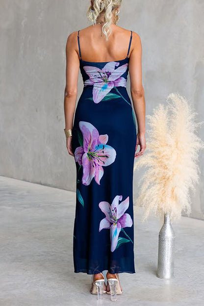Adjustable Strap Floral Print Bodycon Maxi Dress