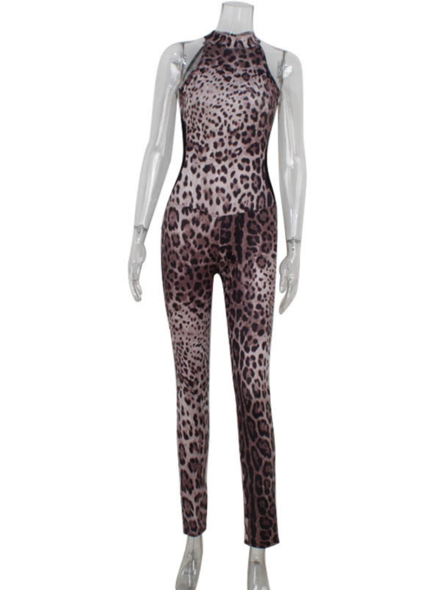 Leopard Print Mesh Splicing Halter-neck Sleeveless Jumpsuits