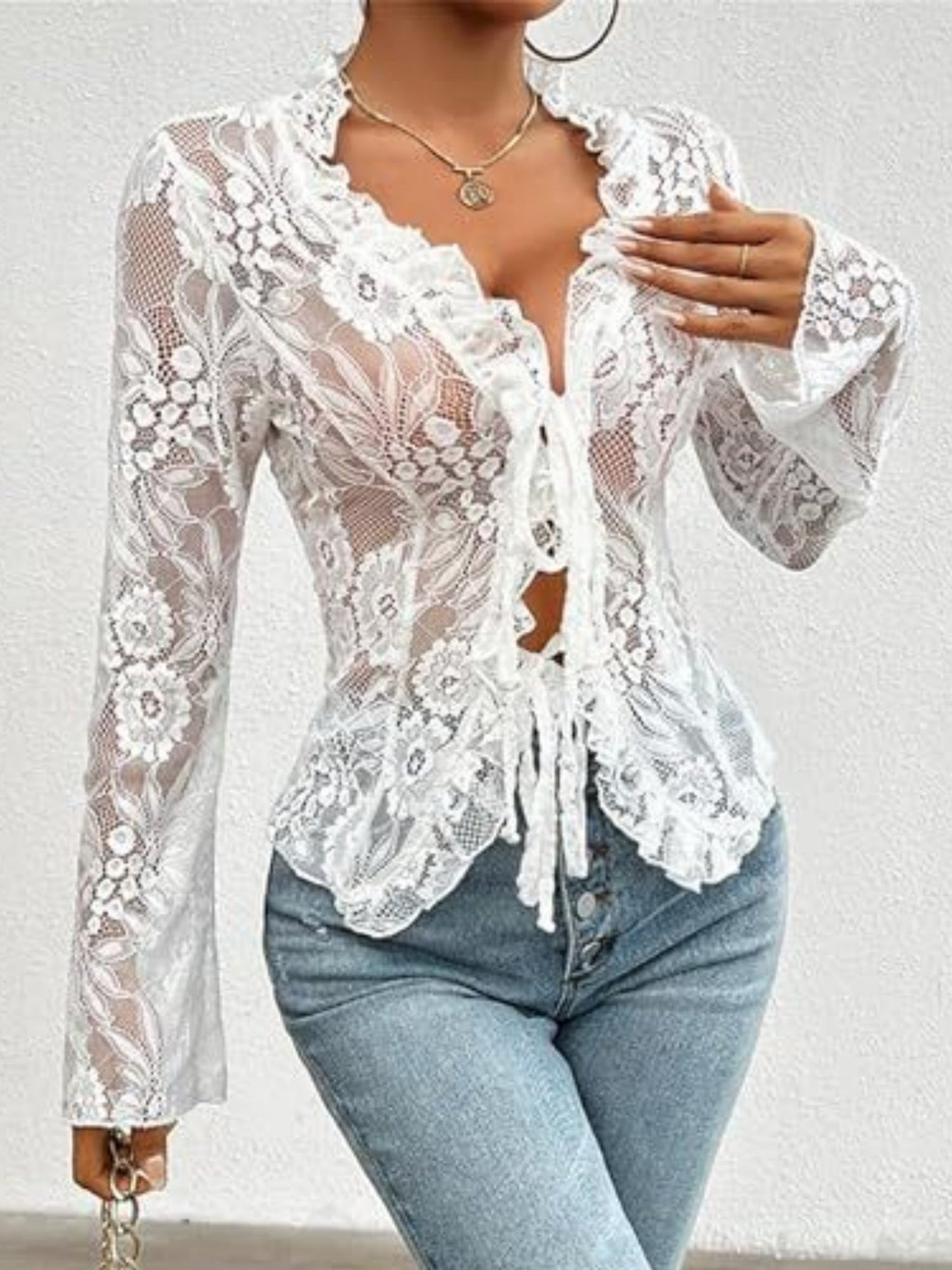 Lace See-through Ruffle Open Front With Tie Sweet T-shirts
