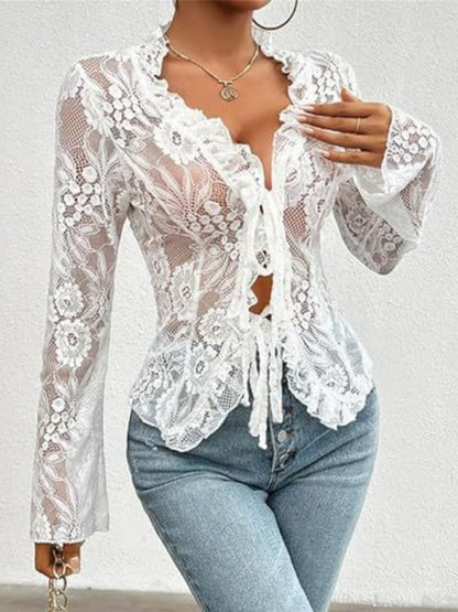 Lace See-through Ruffle Open Front With Tie Sweet T-shirts