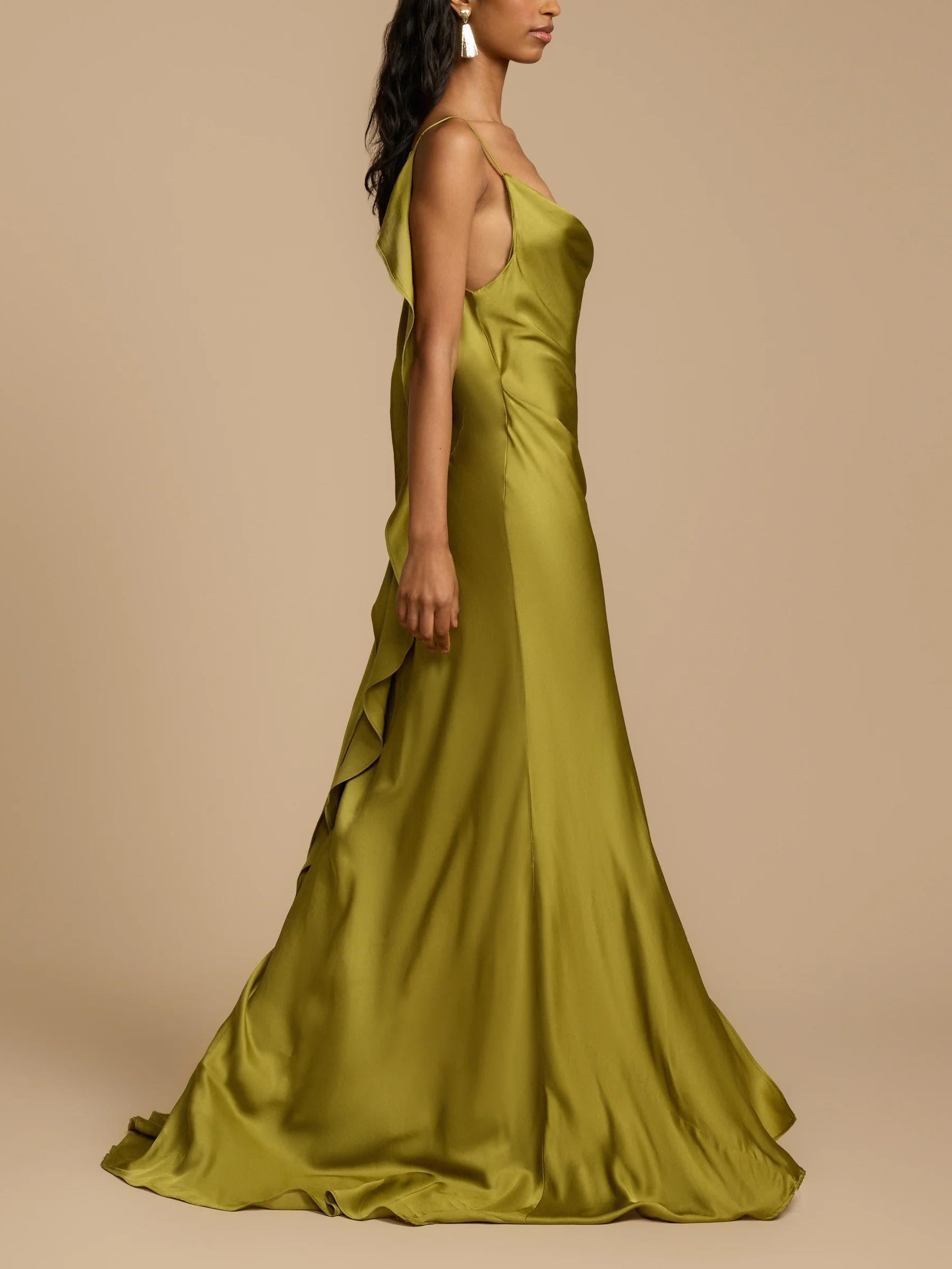 Cowl Neck Spaghetti Strap Satin High Slit Maxi Dress