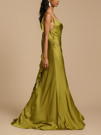 Cowl Neck Spaghetti Strap Satin High Slit Maxi Dress