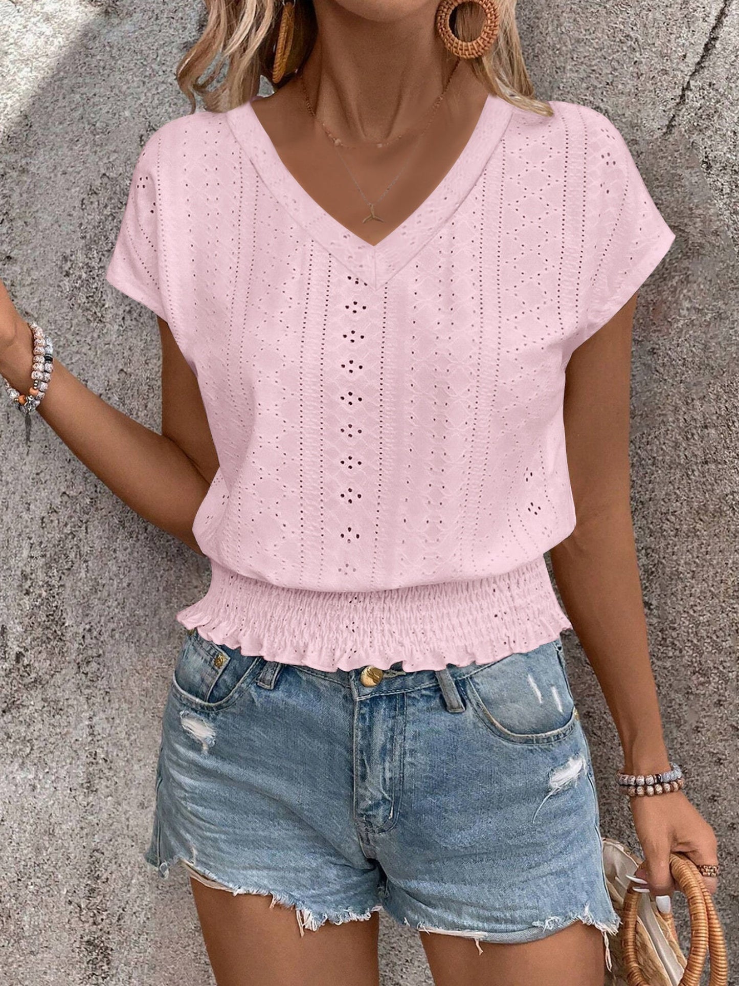 Jacquard Hollow Out Slab V-neck Short Sleeve T-shirts