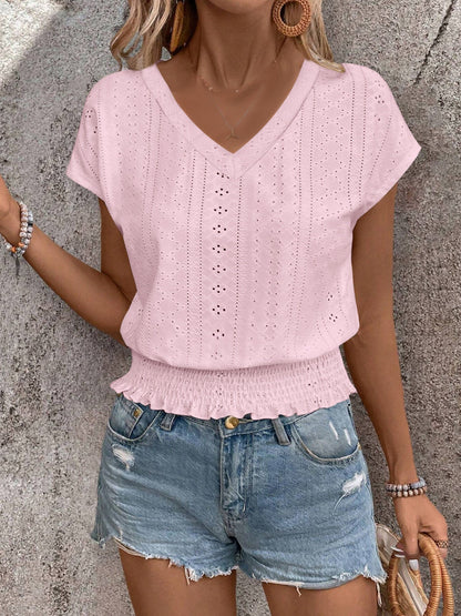 Jacquard Hollow Out Slab V-neck Short Sleeve T-shirts