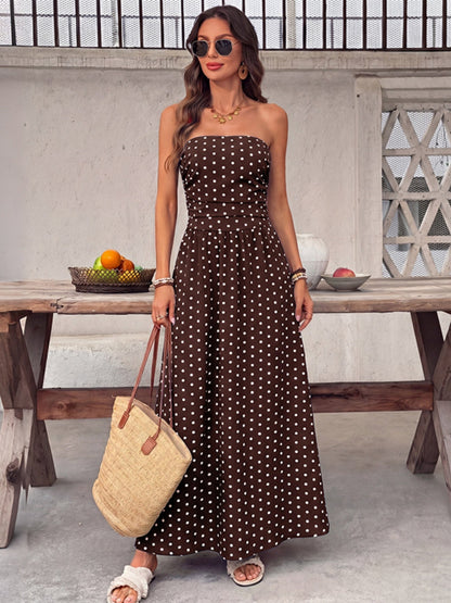 Polka Dots Tucking And Waist-cinching Strapless Maxi Dresses