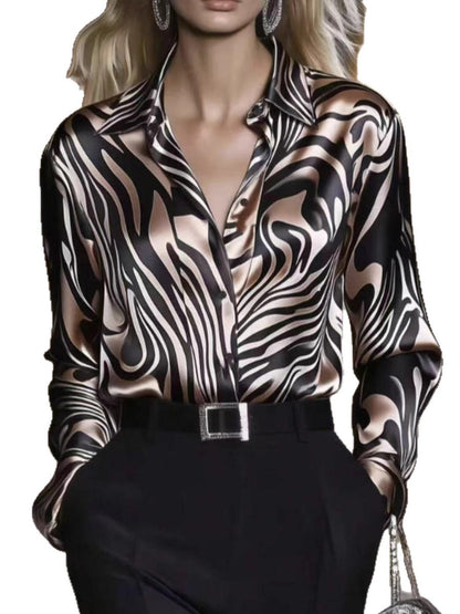 Zebra Print Single-breasted Slim-fit Satin Casual Shirts