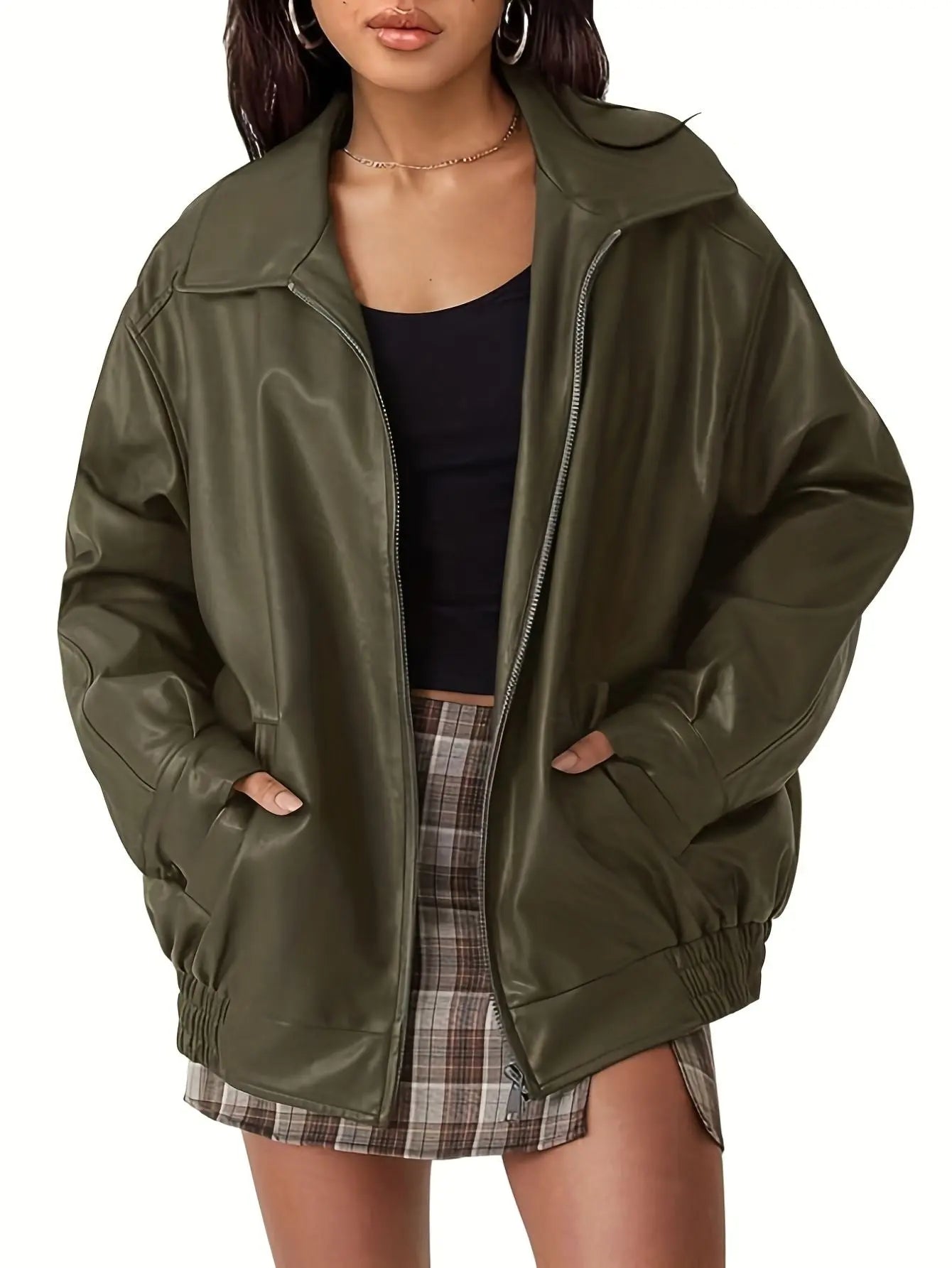 | Women’s Classic Oversized Leather Bomber Jacket