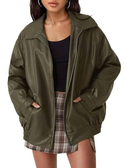 | Women’s Classic Oversized Leather Bomber Jacket