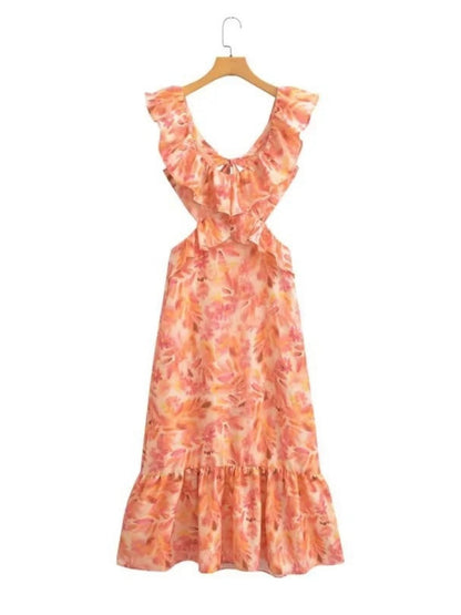 Ruffle V-neck Backless Strappy Maxi Dresses