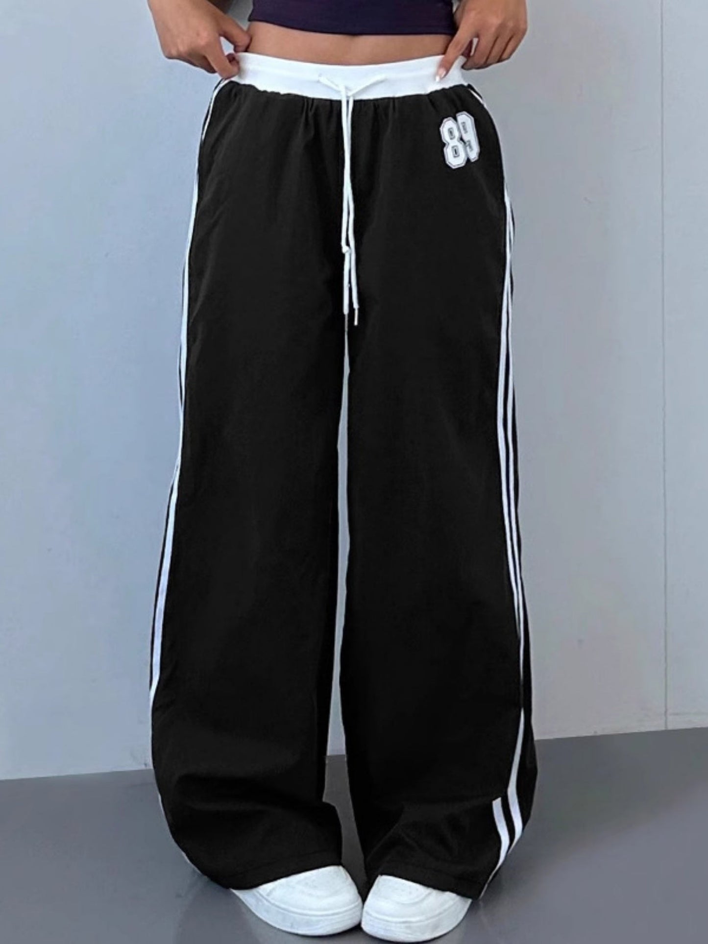 Striped Color Blocking Elastic Waistband Lace Up Pants
