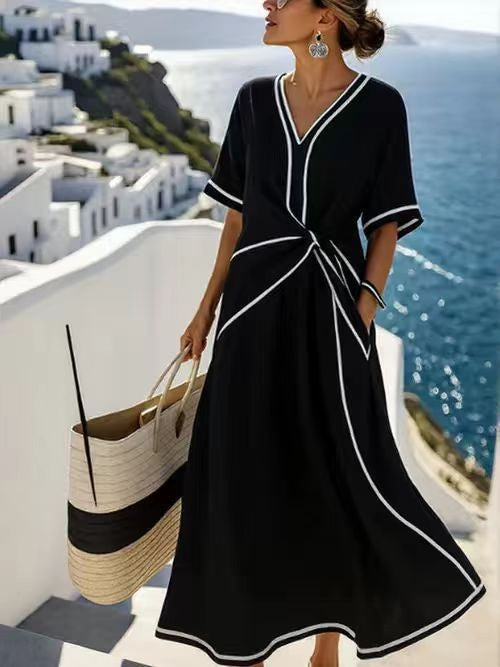 Round Neck Sleeveless Color-blocked Loose Slimming Long Dress