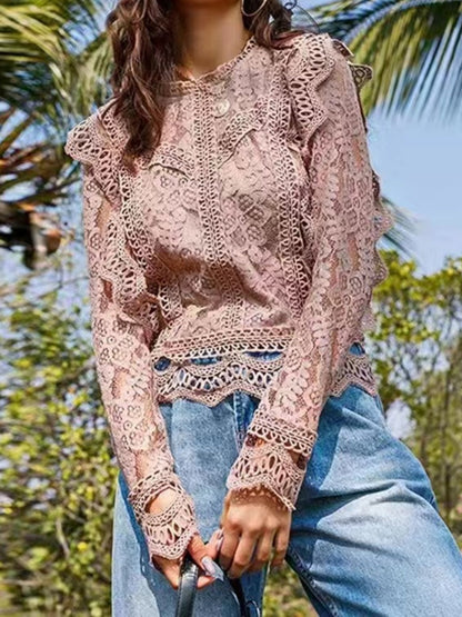 Lace Cutout Patchwork Lace Long-sleeved T-shirt