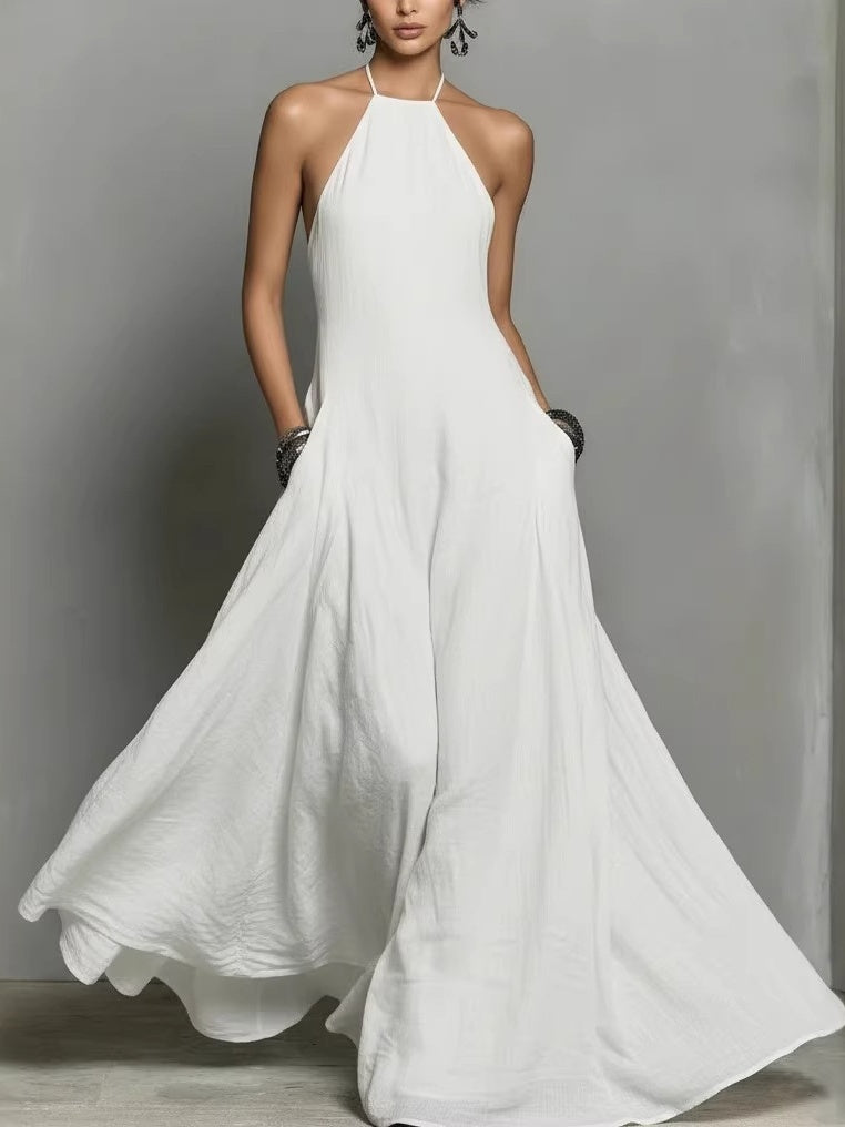 Halter Solid Color Backless Sleeveless Long Vacation Style Dress