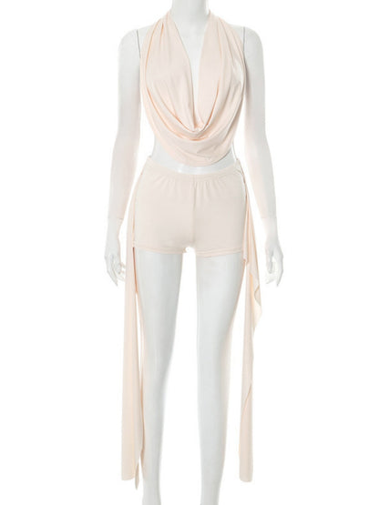 Sway Neck Sleeveless Backless Jacket Tight-fitting Ribbons Super Short Shorts 2-piece Sets