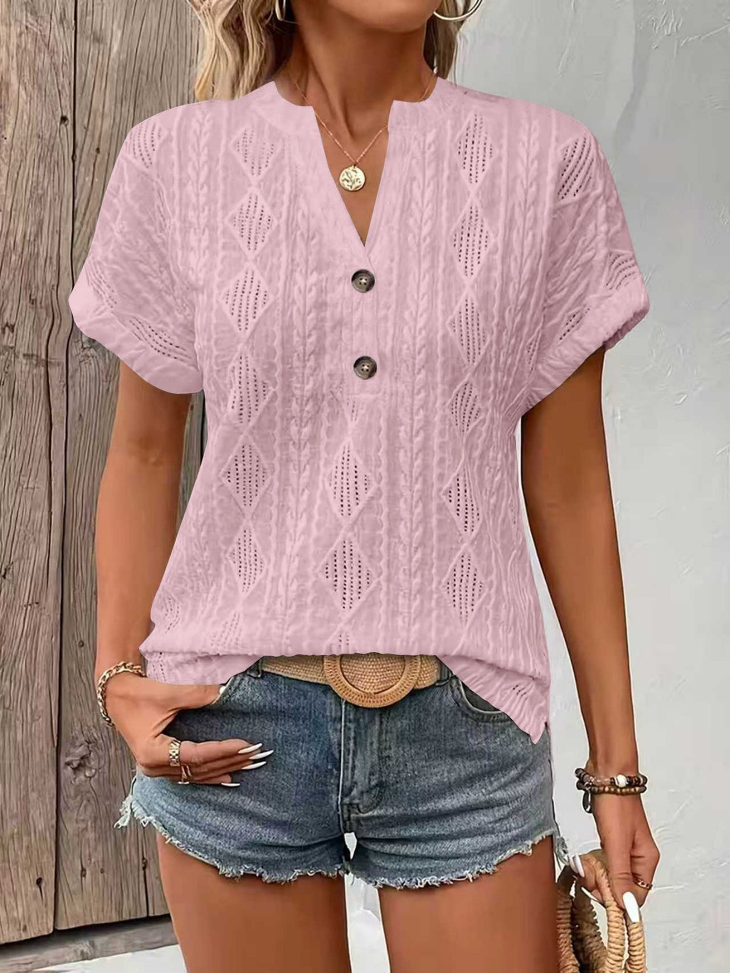 Knitting Buttons V-neck Short Sleeve T-shirts