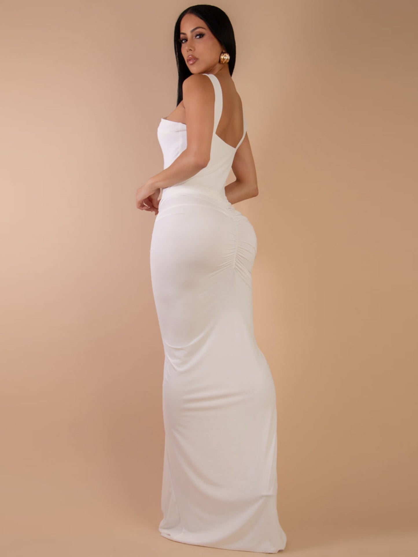 Metal Decoration Cross Shoulder Straps Hip Wrap Pleated Maxi Dresses
