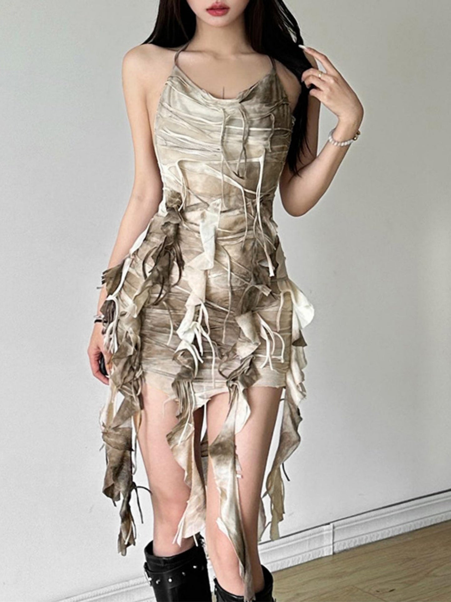 Tie-dye Irregular Ribbon Distressed Mini&Short Dresses