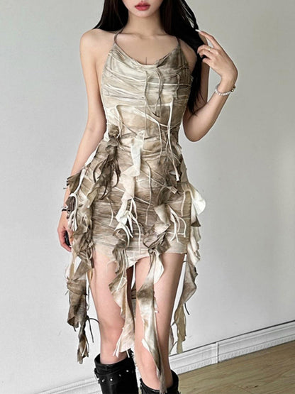 Tie-dye Irregular Ribbon Distressed Mini&Short Dresses