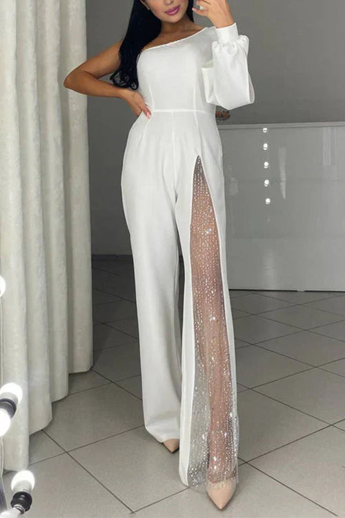 Margovil One Shoulder Long Sleeve Patchwork Wide Leg Jumpsuit