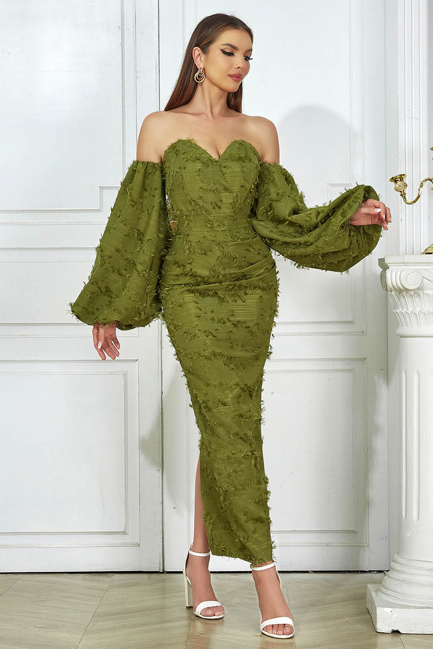 Off-the-Shoulder Fringe Knit Balloon Sleeve Back Slit Maxi Dress
