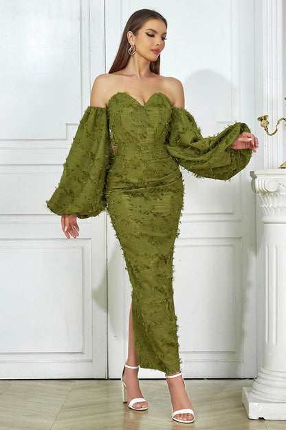Off-the-Shoulder Fringe Knit Balloon Sleeve Back Slit Maxi Dress