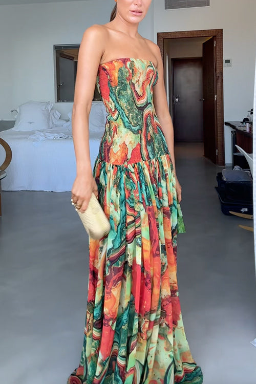 Strapless Smocked Ombre Print Swing Maxi Dress