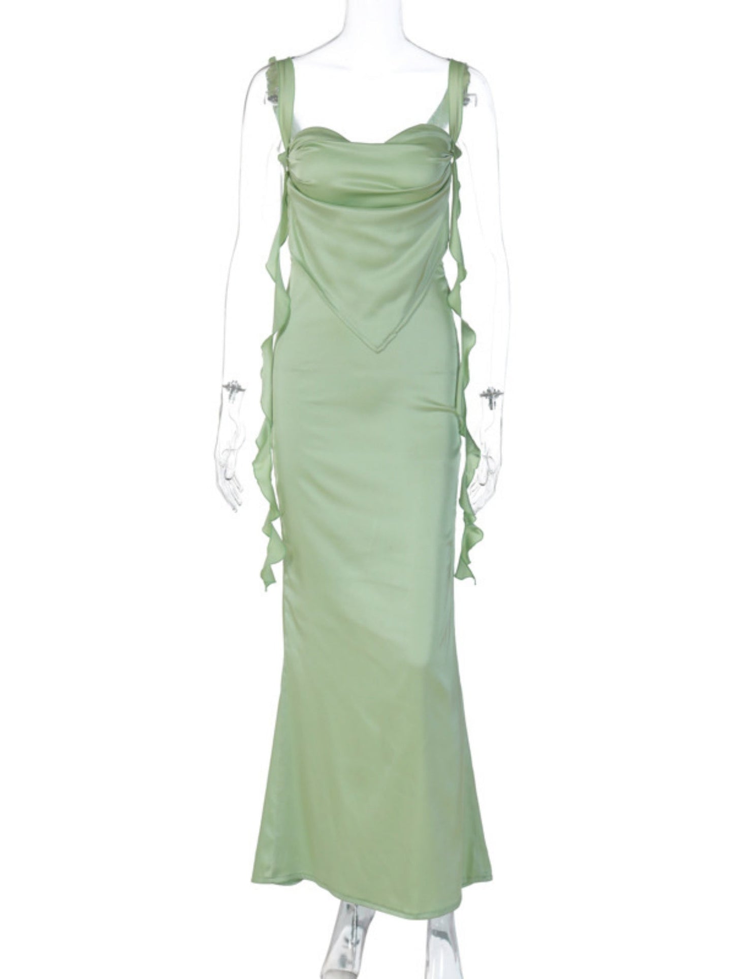 Satin Ruffled Ribbons Backless Maxi Dresses
