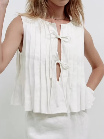 Cotton And Linen Straps Pleated Tank Tops