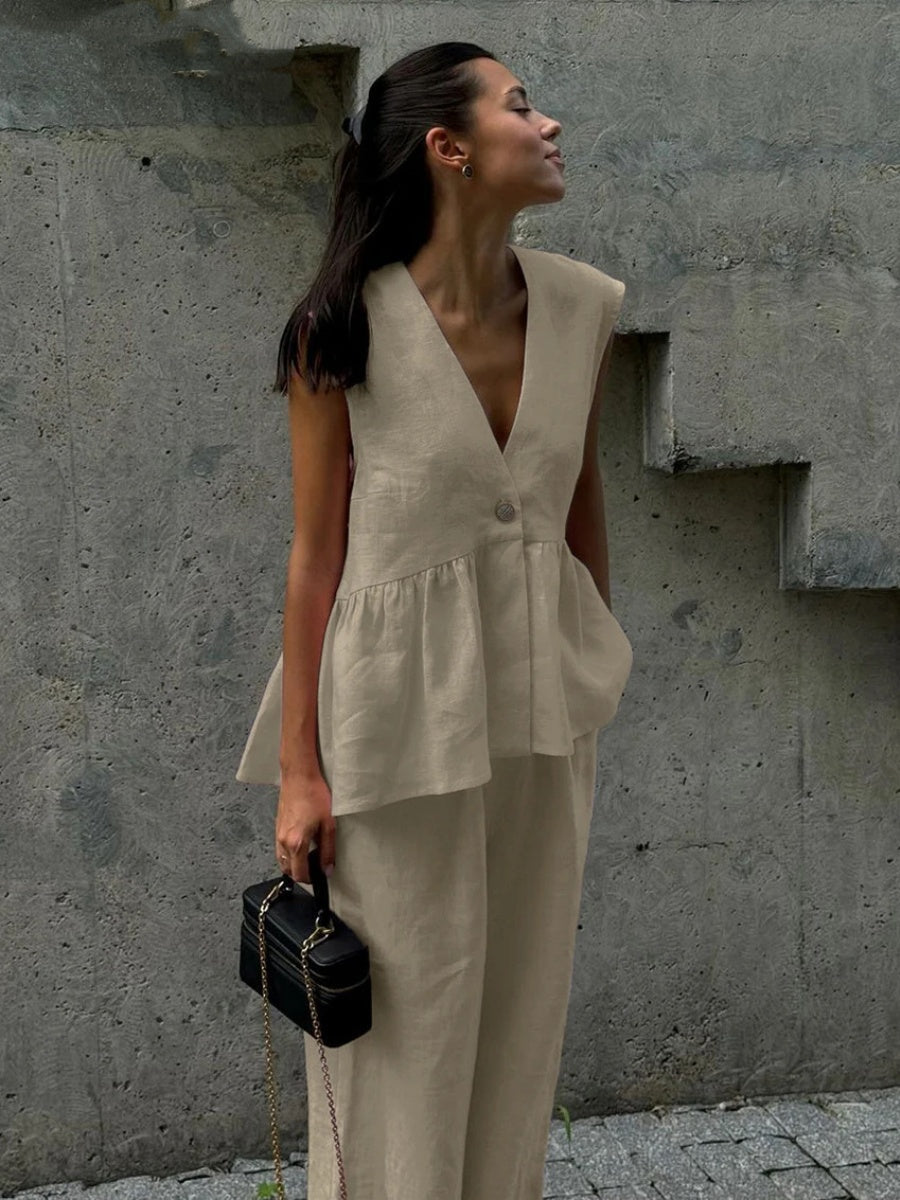 Cotton V-neck Sleeveless Top, Vest, And Trousers Buttons Solid Color 2-piece Sets