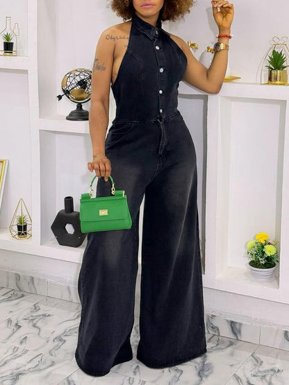 Collared Halter Neck Single-breasted Backless Denim Jumpsuit