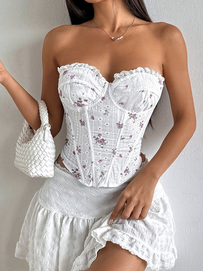 Sweet Floral Lace Trim Fish Bones Tube Top Camisoles