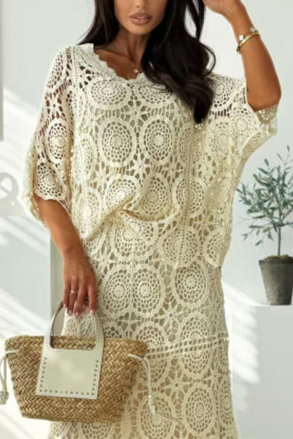 V Neck Half Sleeves Crochet Hollow Out Top