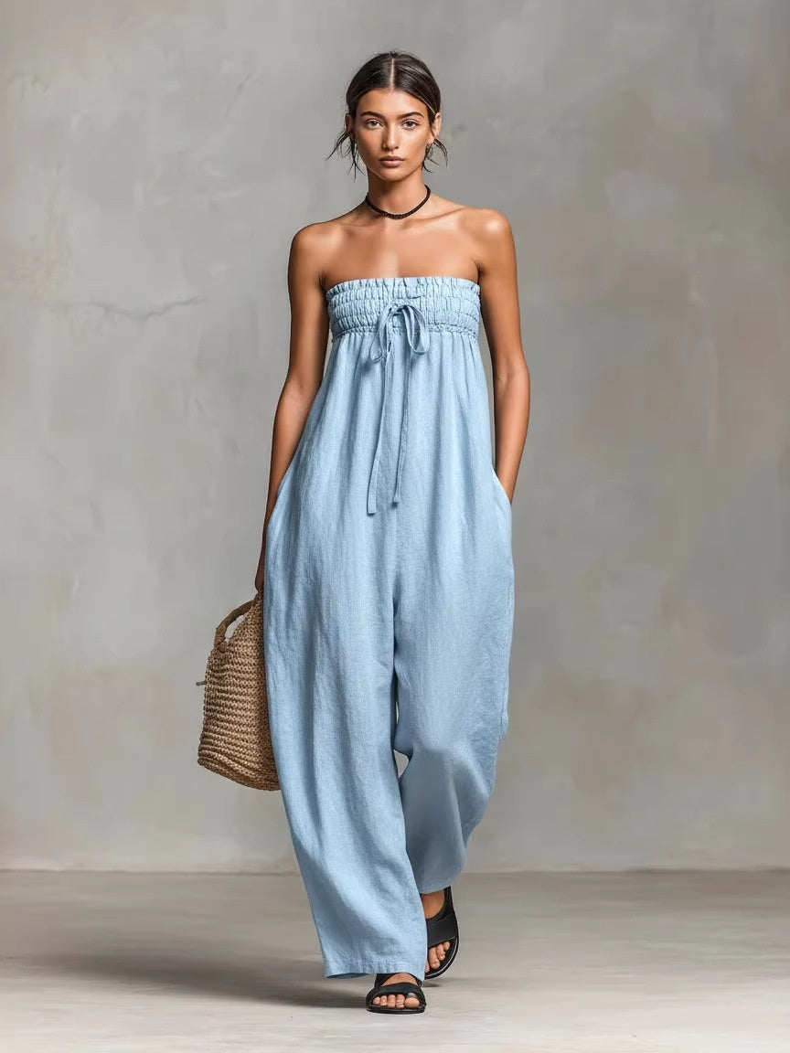 Simple Strapless Jumpsuit Made Of Cotton And Linen Blend