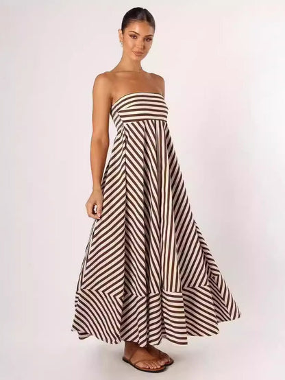 Striped Backless Halter Top Sexy Full Skirt High-waisted Long Dress