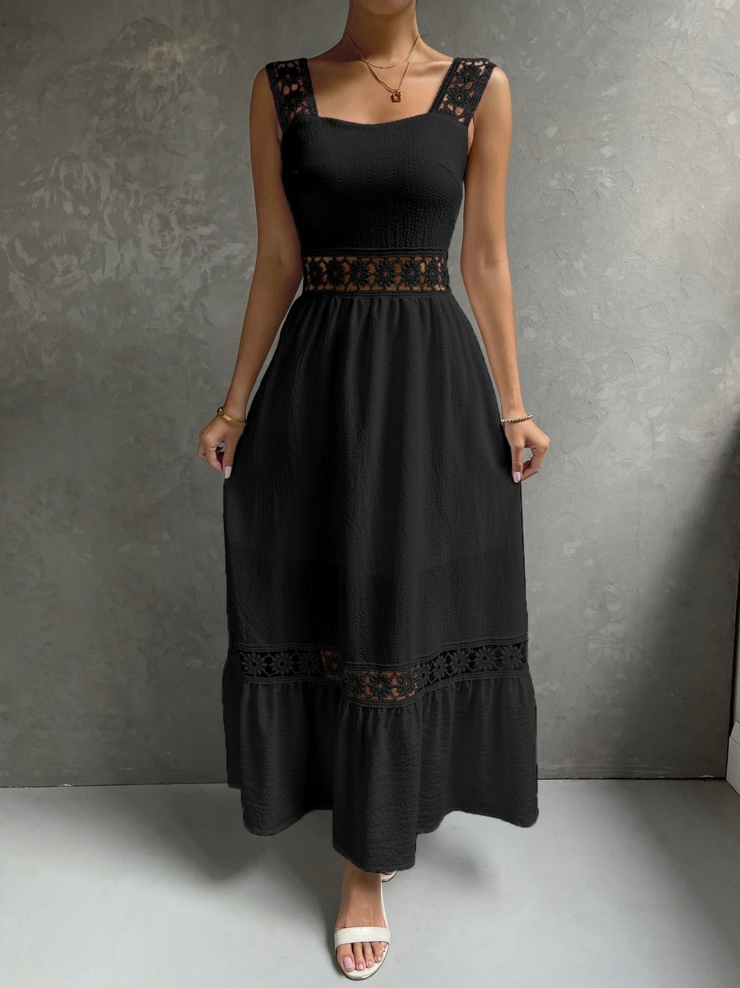 Lace Cutout Trim Sleeveless Patchwork Slim Fit Maxi Dresses